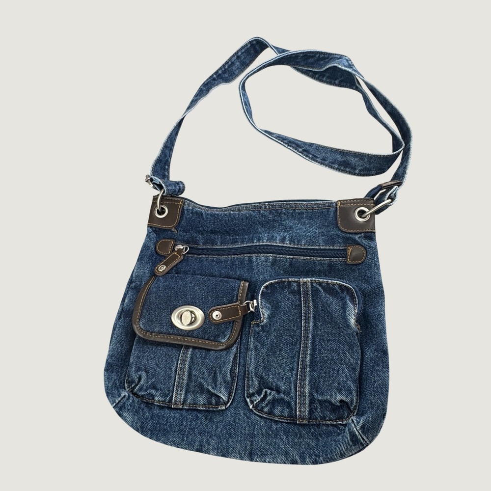 Unbranded Women Blue Denim Multi Pocket Crossbody Bag Faux Leather Trim Medium